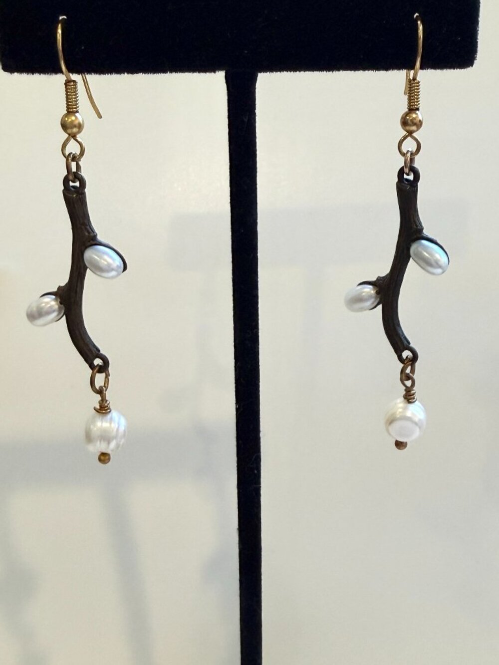 Handmade Black Twig Branch Dangle Earrings with White Faux Pearls